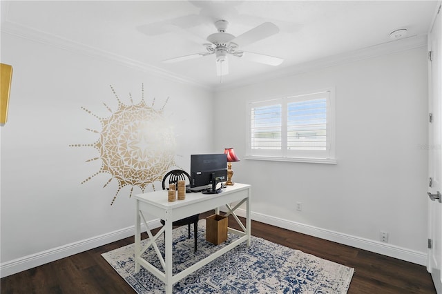 office area featuring a ceiling fan, crown molding, baseboards, and wood finished floors