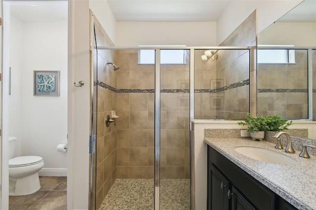 full bathroom featuring a healthy amount of sunlight, a stall shower, and toilet