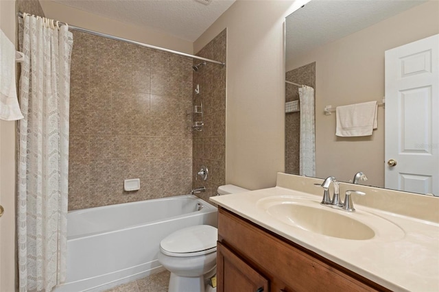 full bath featuring a textured ceiling, tile patterned flooring, toilet, vanity, and shower / tub combo with curtain