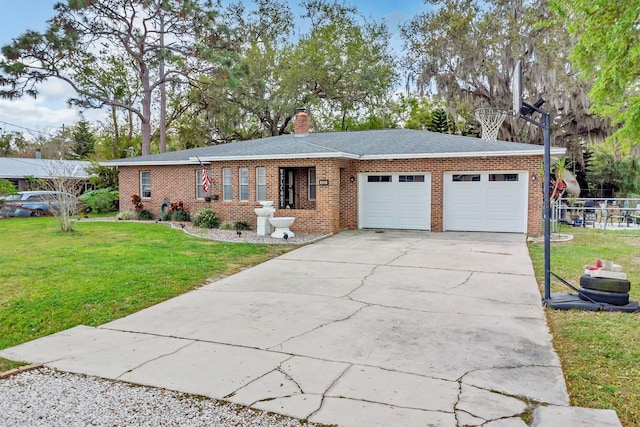 ranch-style house featuring a front yard, a chimney, concrete driveway, a garage, and brick siding