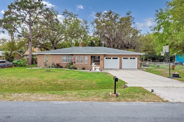 ranch-style house featuring driveway, a front lawn, fence, a garage, and brick siding