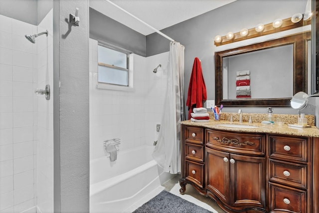 bathroom with vanity and shower / bath combination with curtain