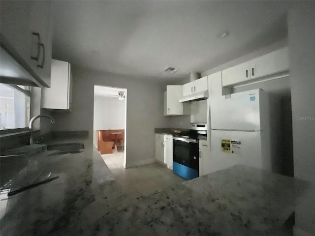 kitchen featuring stone countertops, under cabinet range hood, a sink, freestanding refrigerator, and stainless steel range with electric stovetop