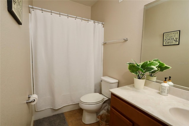 full bath with toilet, tile patterned flooring, vanity, and shower / bathtub combination with curtain