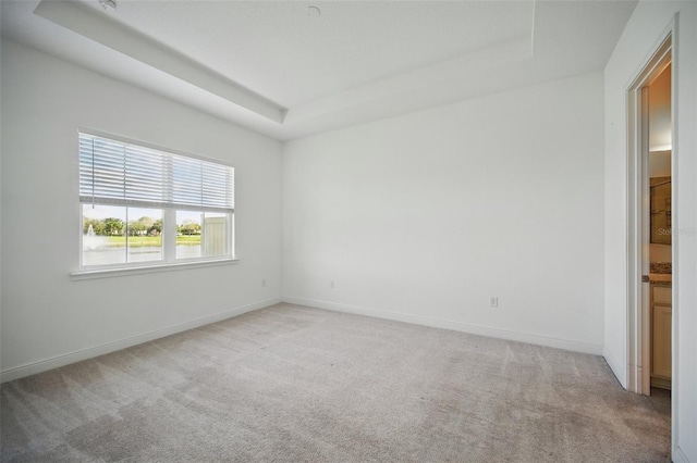 spare room featuring light carpet, a raised ceiling, and baseboards