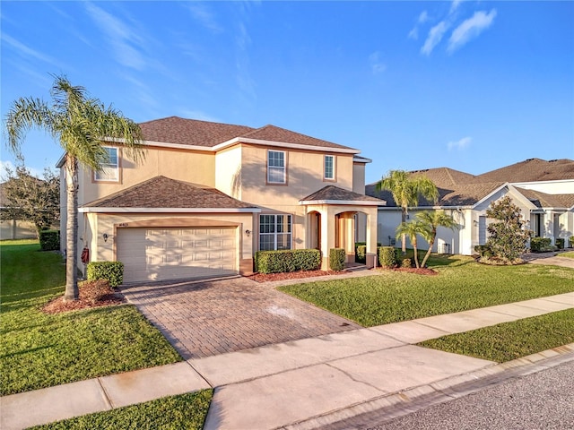 traditional-style home with a garage, a front lawn, decorative driveway, and stucco siding