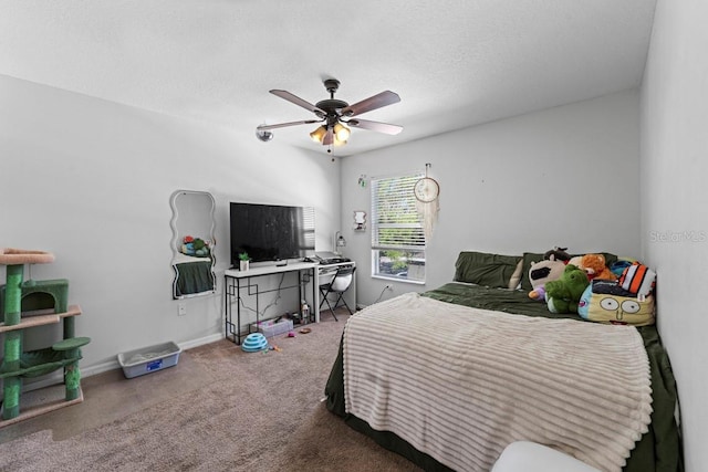 bedroom featuring a textured ceiling, ceiling fan, carpet flooring, and baseboards