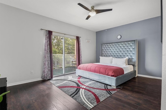 bedroom featuring hardwood / wood-style floors, baseboards, and access to outside