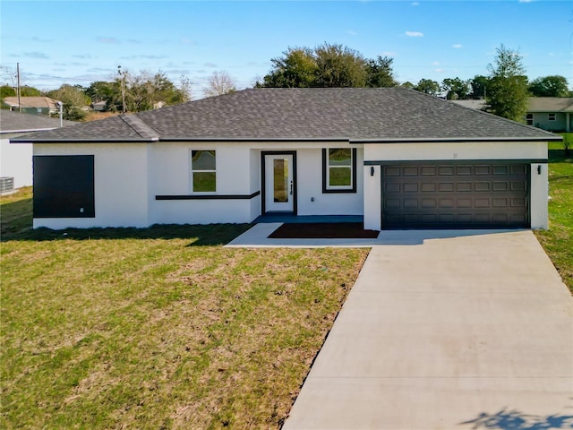 ranch-style home featuring roof with shingles, stucco siding, concrete driveway, an attached garage, and a front yard