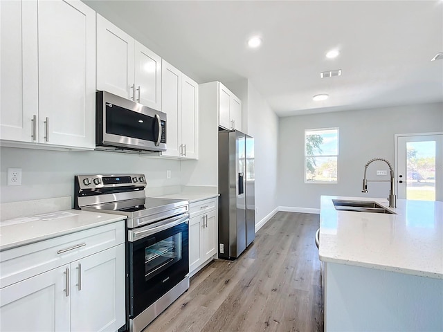 kitchen with appliances with stainless steel finishes, visible vents, a sink, and white cabinetry