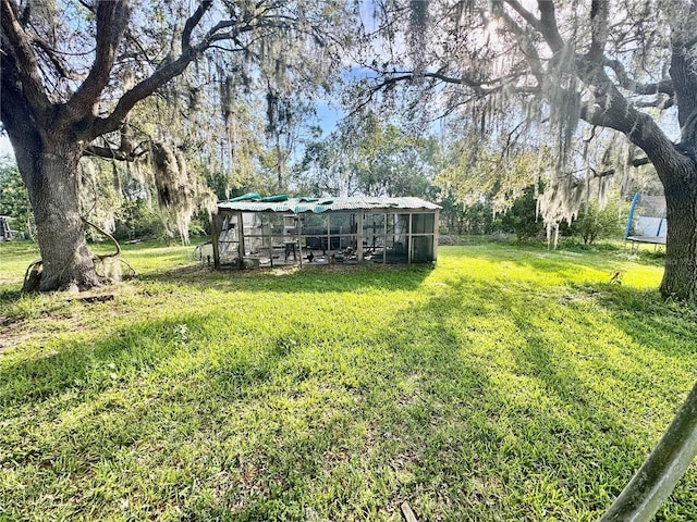 view of yard featuring an outbuilding, a trampoline, and exterior structure