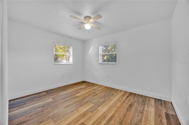 spare room featuring a textured ceiling, light wood finished floors, a wealth of natural light, and baseboards