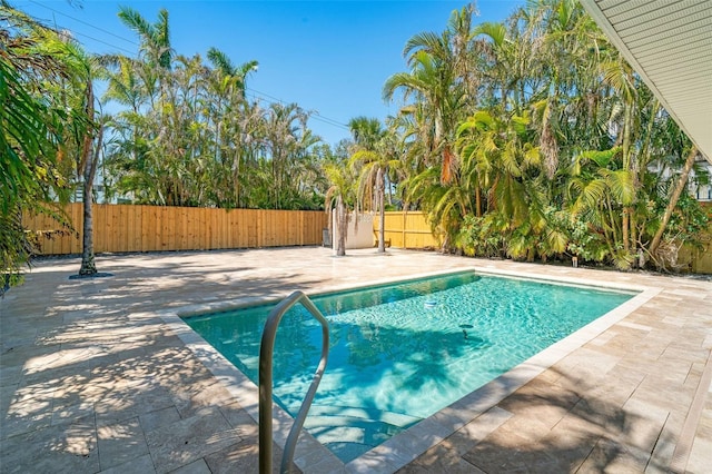 view of swimming pool featuring a fenced in pool, a patio area, and a fenced backyard