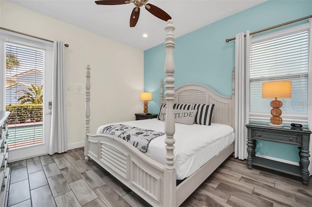 bedroom with baseboards, ceiling fan, access to outside, wood tiled floor, and recessed lighting