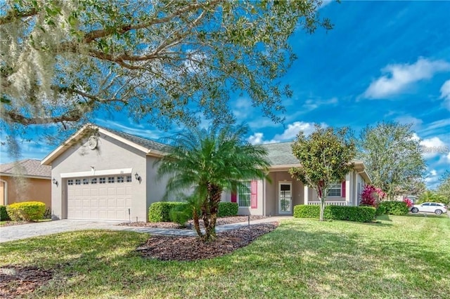 153 Ventana Dr, Poinciana, FL 34759 - ranch-style house with a front lawn, an attached garage, driveway, and stucco siding