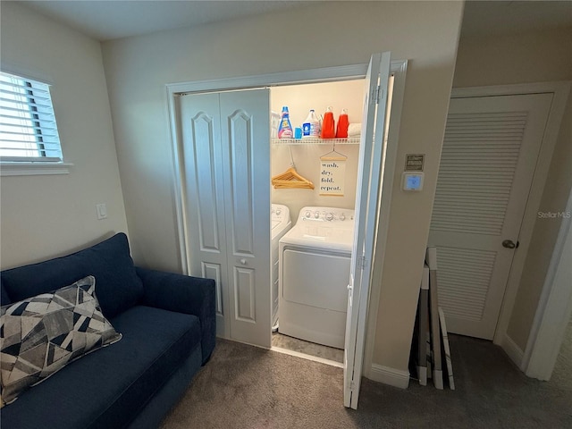 washroom featuring laundry area, independent washer and dryer, and carpet floors