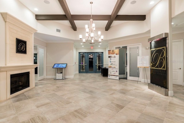 199 Macaulays Cv, Haines City, FL 33844 - unfurnished living room featuring visible vents, beamed ceiling, baseboards, an inviting chandelier, and coffered ceiling