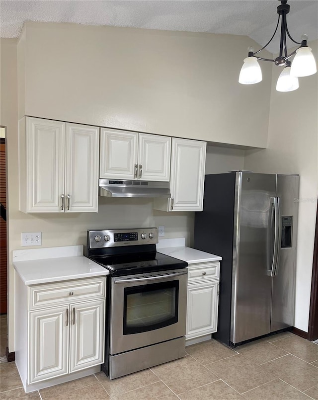 kitchen with white cabinets, under cabinet range hood, stainless steel appliances, and light countertops