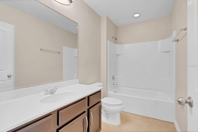 full bath featuring tile patterned flooring, shower / bathing tub combination, vanity, and toilet