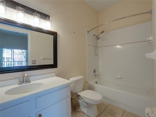 full bath featuring tub / shower combination, vanity, toilet, and tile patterned floors