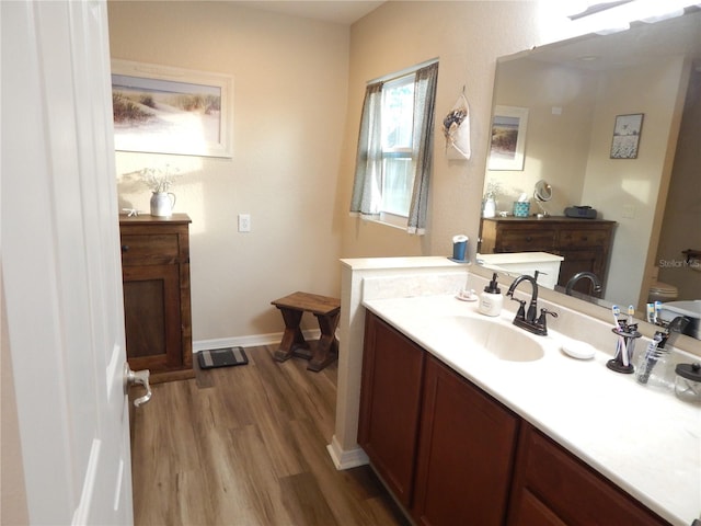 bathroom with wood finished floors, vanity, and baseboards