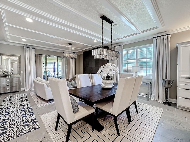 dining space featuring a textured ceiling, baseboards, crown molding, and recessed lighting