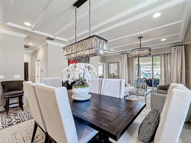 dining room featuring recessed lighting, visible vents, a chandelier, and ornamental molding