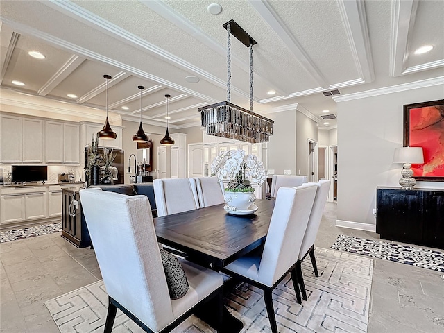 dining space featuring recessed lighting, visible vents, a textured ceiling, and ornamental molding