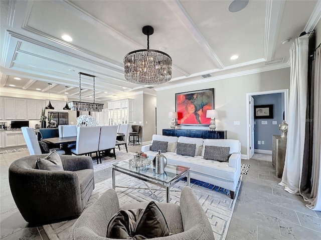 living area with a chandelier, recessed lighting, visible vents, baseboards, and ornamental molding