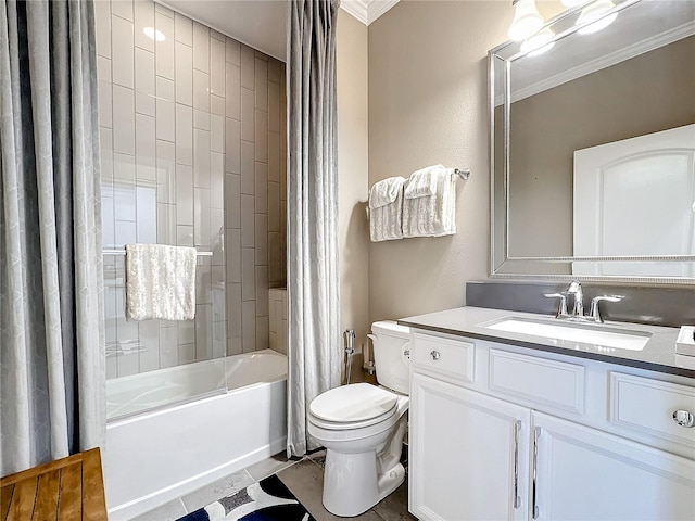 bathroom featuring shower / tub combo, toilet, ornamental molding, tile patterned floors, and vanity