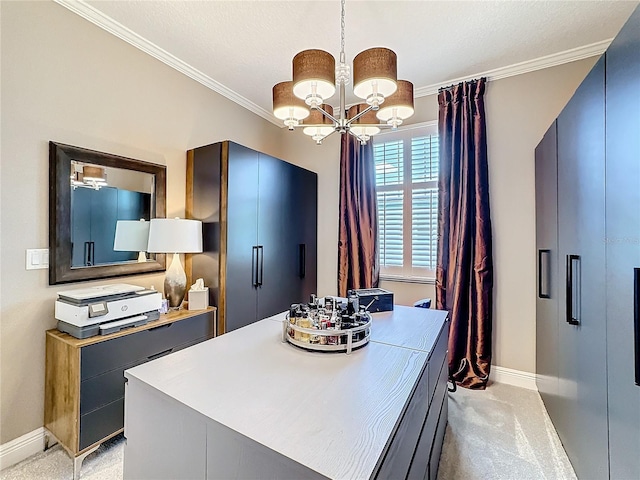 interior space with decorative light fixtures, ornamental molding, light carpet, a chandelier, and baseboards