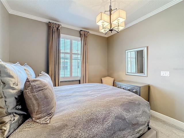 carpeted bedroom with a notable chandelier, crown molding, a textured ceiling, and baseboards