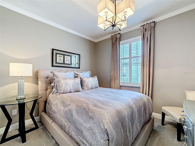 bedroom featuring ornamental molding, carpet, a notable chandelier, and baseboards