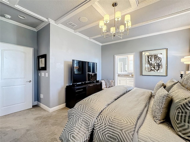 bedroom with light carpet, visible vents, baseboards, ornamental molding, and an inviting chandelier