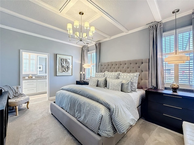 bedroom featuring a chandelier, connected bathroom, coffered ceiling, carpet, and crown molding