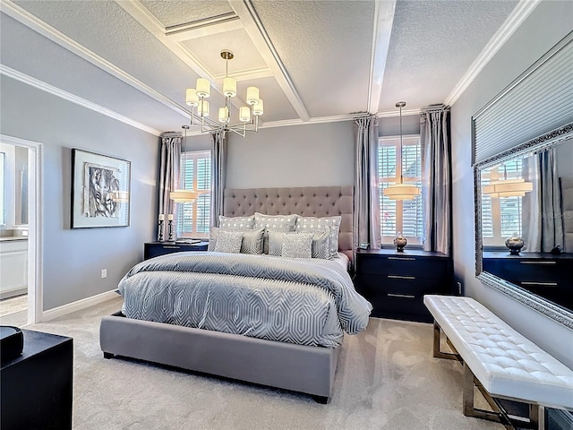 bedroom with a textured ceiling, coffered ceiling, carpet flooring, baseboards, and crown molding