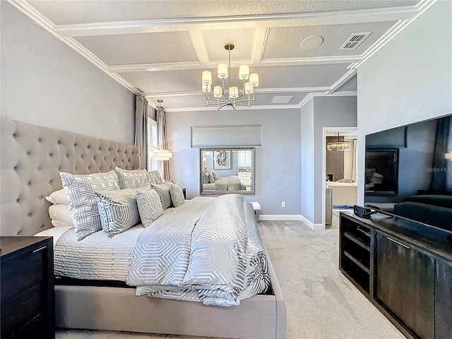 bedroom with light colored carpet, coffered ceiling, visible vents, baseboards, and an inviting chandelier