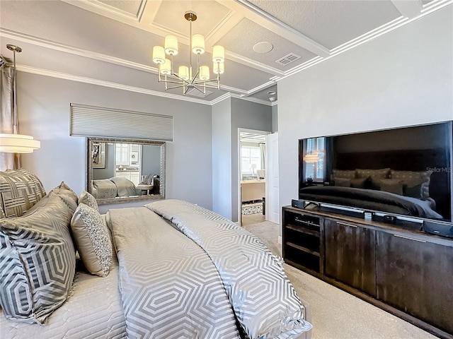 bedroom featuring visible vents, ornamental molding, carpet flooring, a chandelier, and coffered ceiling