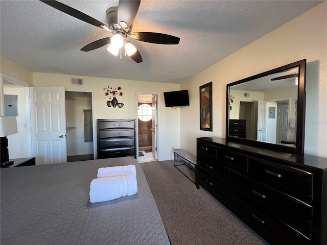 2494 Sweetwater Club Cir Unit 55, Kissimmee, FL 34746 - bedroom with a textured ceiling, ceiling fan, carpet floors, visible vents, and electric panel