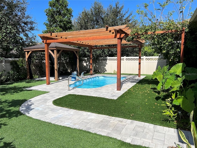 view of pool with a fenced in pool, a lawn, a patio, a fenced backyard, and a pergola