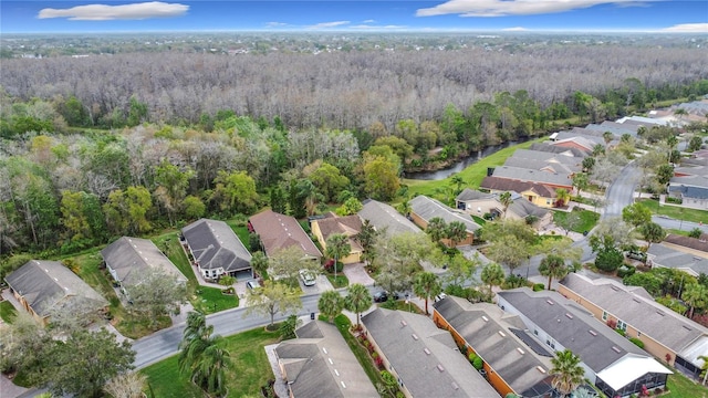 birds eye view of property with a residential view and a wooded view