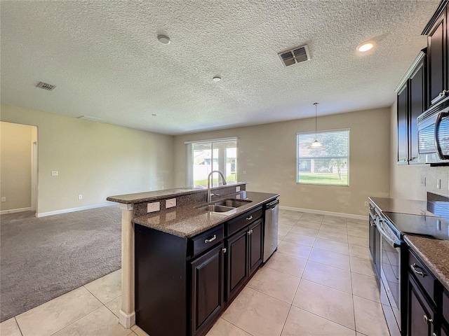 kitchen with light carpet, visible vents, appliances with stainless steel finishes, and a sink