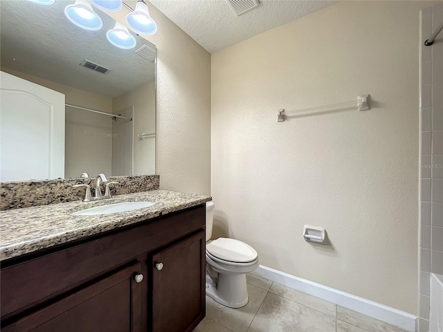 full bath featuring visible vents, toilet, a textured ceiling, tile patterned flooring, and walk in shower