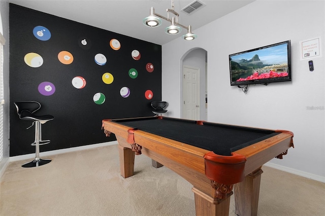 game room with visible vents, carpet floors, baseboards, arched walkways, and pool table