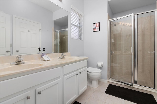 bathroom featuring tile patterned floors, a shower stall, toilet, and a sink