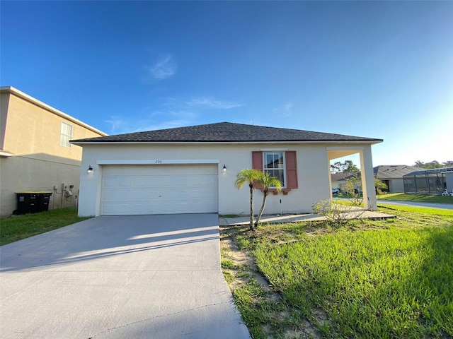 ranch-style home with an attached garage, concrete driveway, and stucco siding