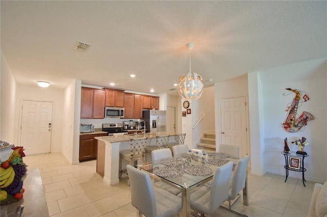 dining space featuring stairs, light tile patterned floors, visible vents, and recessed lighting