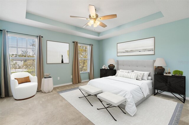 bedroom featuring carpet floors, a raised ceiling, and baseboards