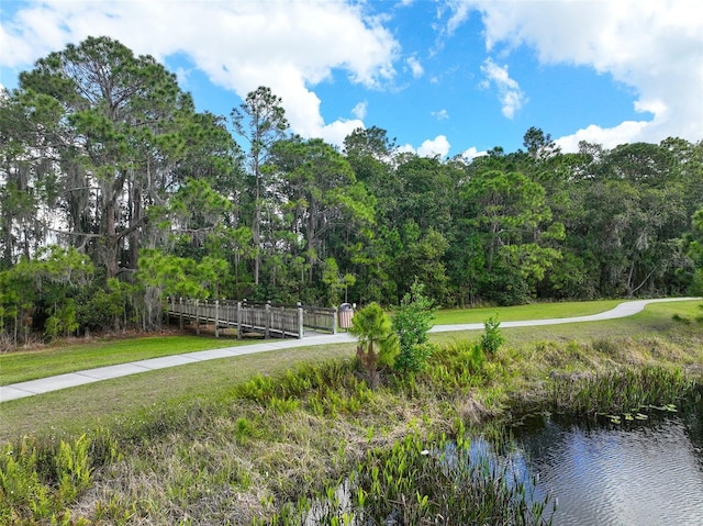 view of property's community with a lawn and a water view