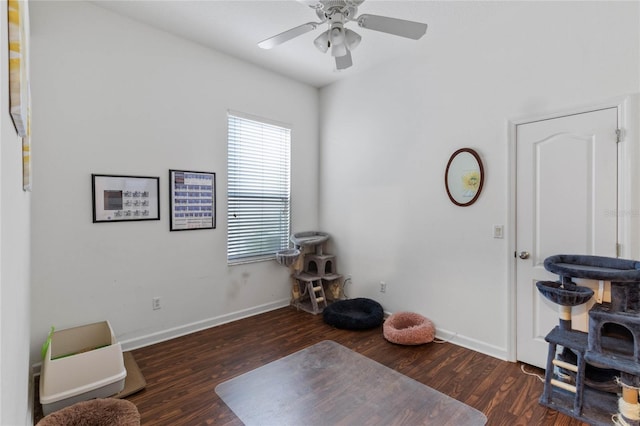 miscellaneous room with ceiling fan, wood finished floors, and baseboards